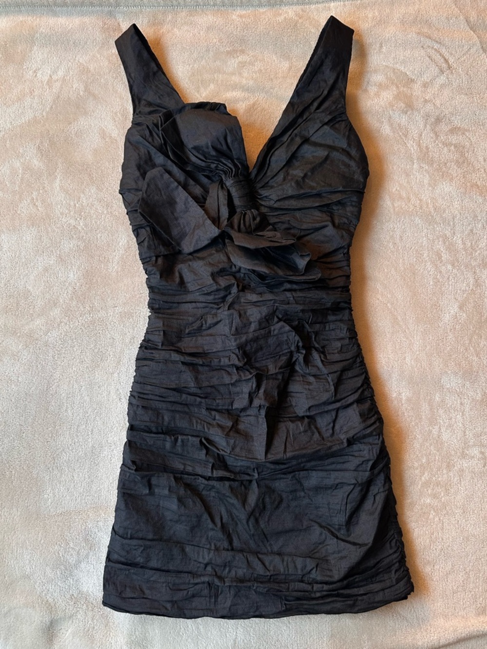 BCBGMaxAzria Black Ruched V-Neck Mini Dress with Knot Detail